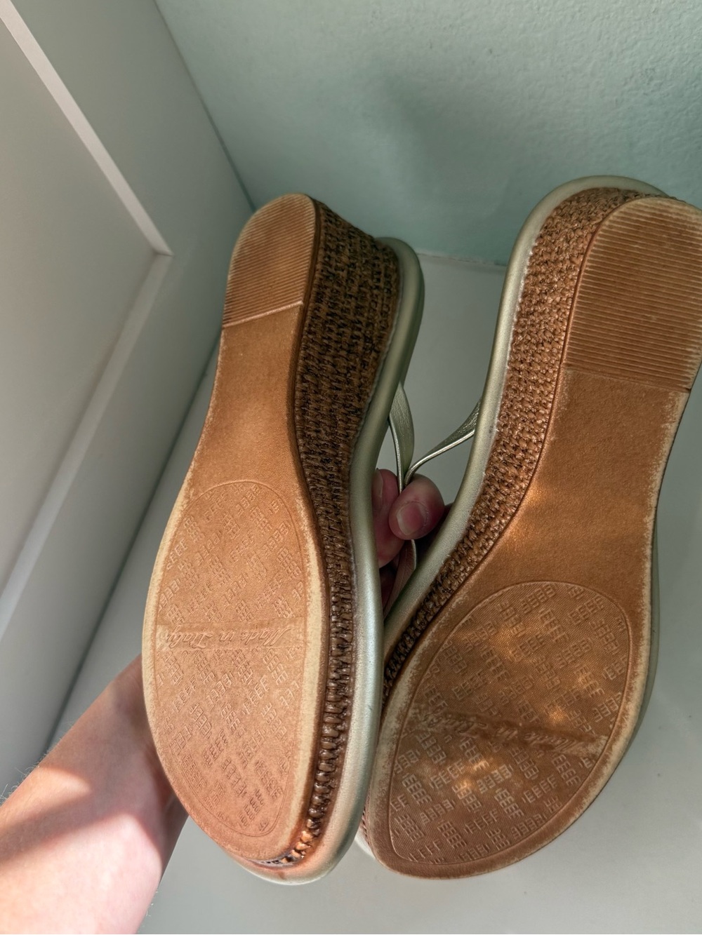 Leather Thong Gold Wedge Sandals - Picture 8 of 8